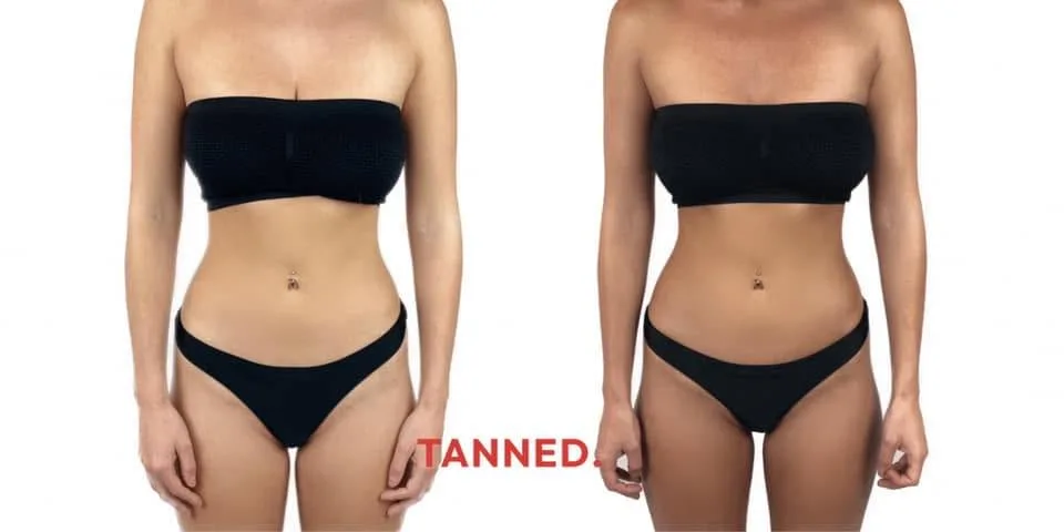 Before and after a Tanned Melbourne spray session — pale skin to warm, even glow, side by side